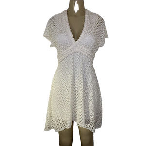 SKY Dress V neck Short Sleeve Mini Flare White Ivory Lace Empire Waist Lined S